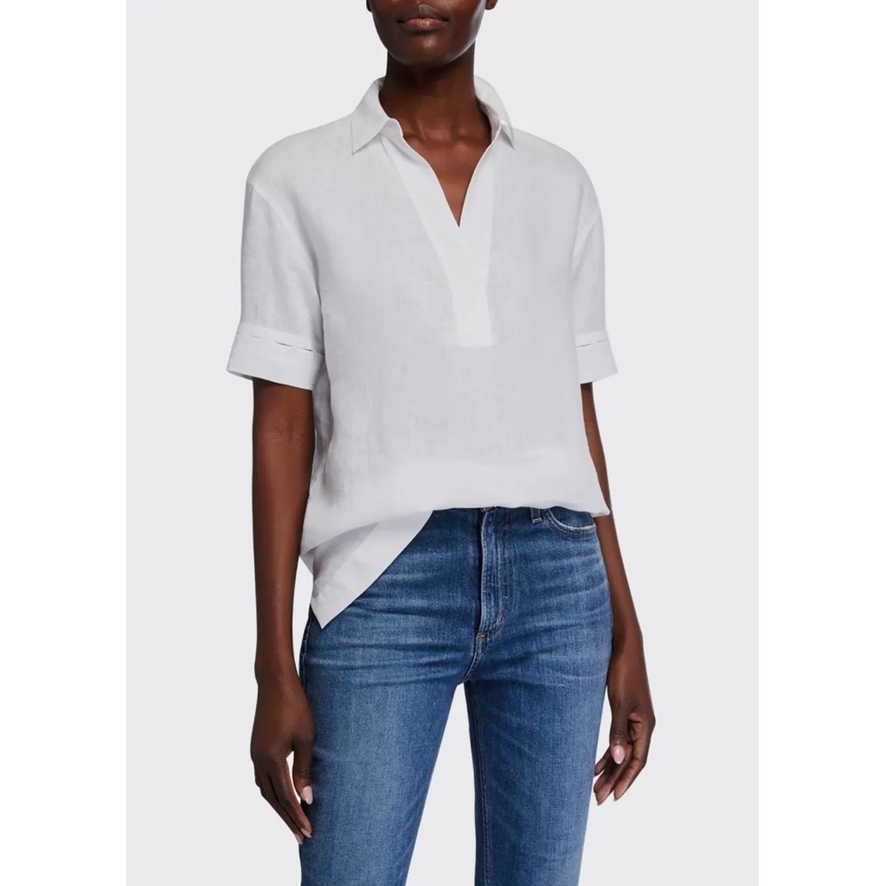 Lafayette 148 Jessica Sublime Linen Short-Sleeve Blouse Top Popover Dove Grey